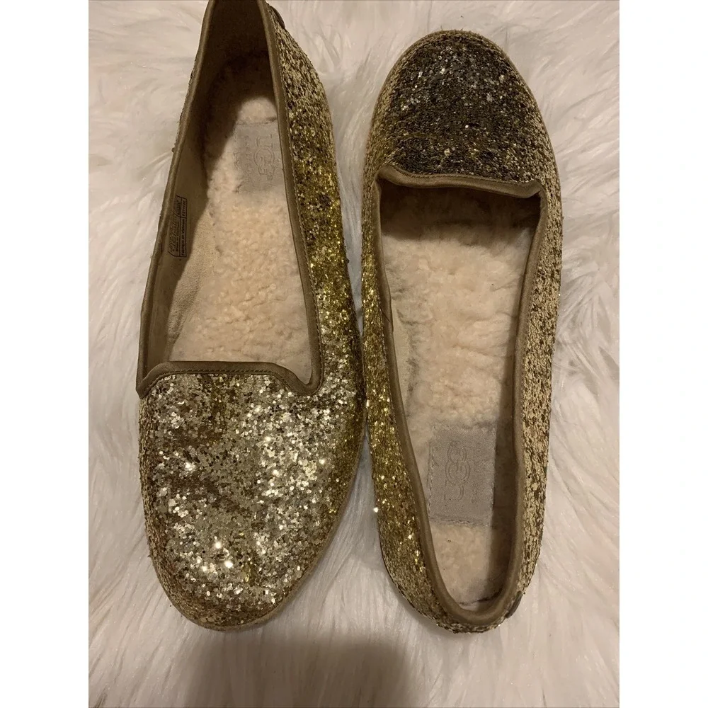 UGG Alloway Glitter Flats Shoes Size 8 Metallic Gold Slip On Sheepskin Comfy GUC